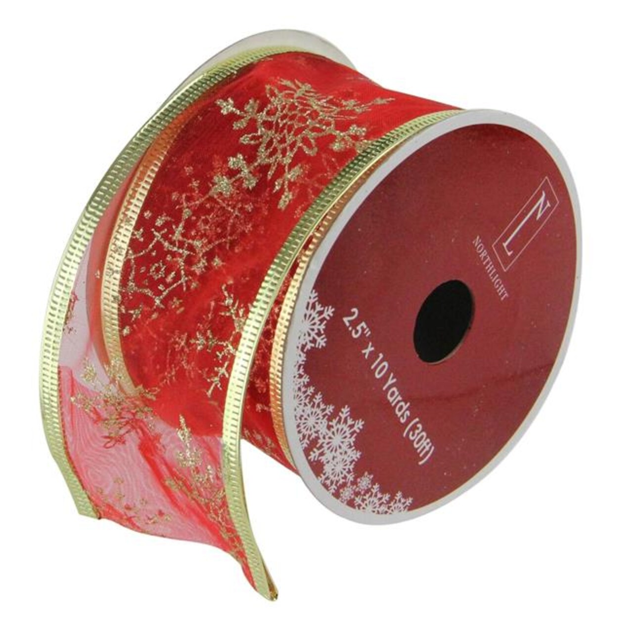 Northlight 32620350 2.5 in. x 10 Yards Cranberry Red &#x26; Gold Glitter Snowflakes Wired Christmas Craft Ribbon